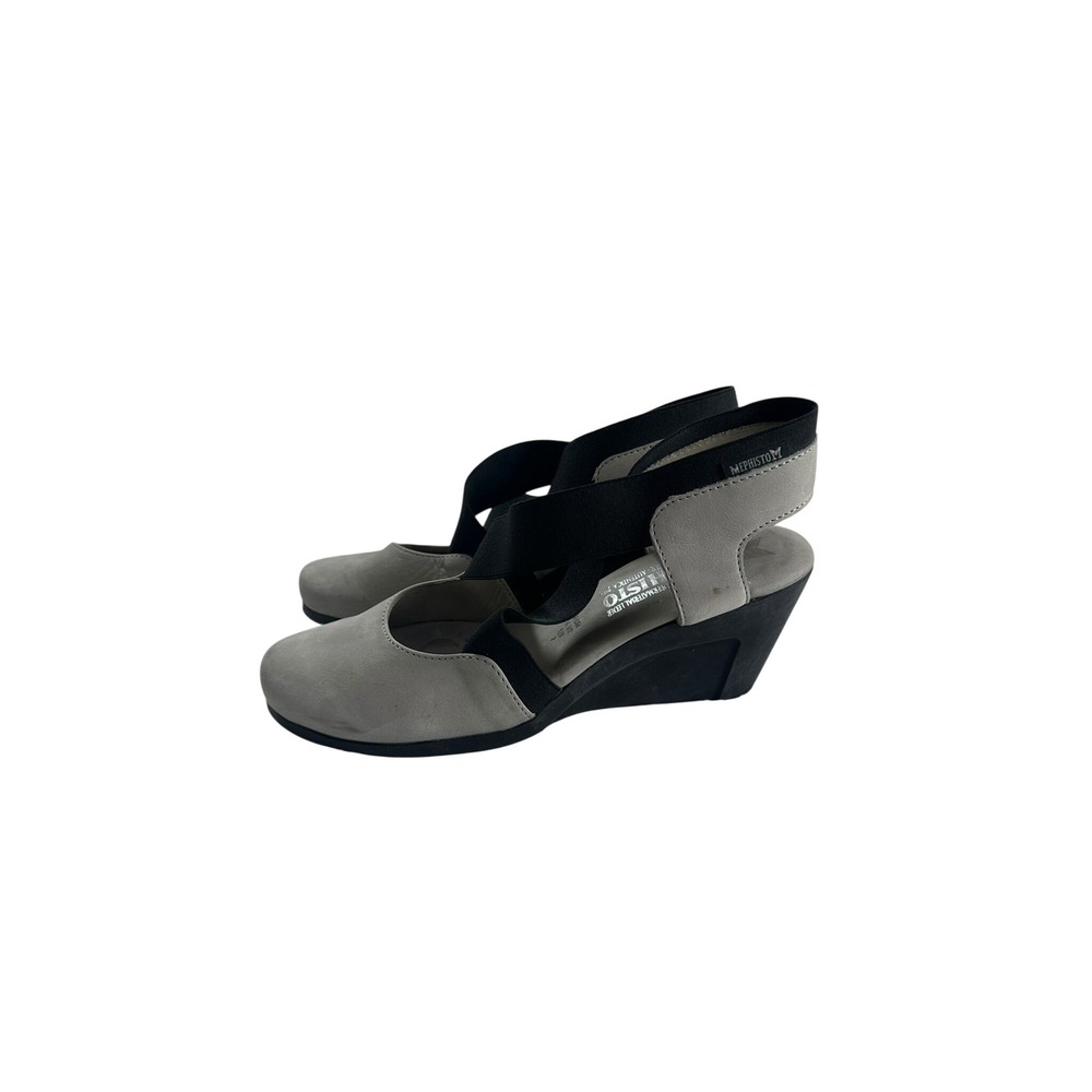 Mephisto Wedge Sandals Women 7 Grey Black Very Good Leather Elastic Comfort